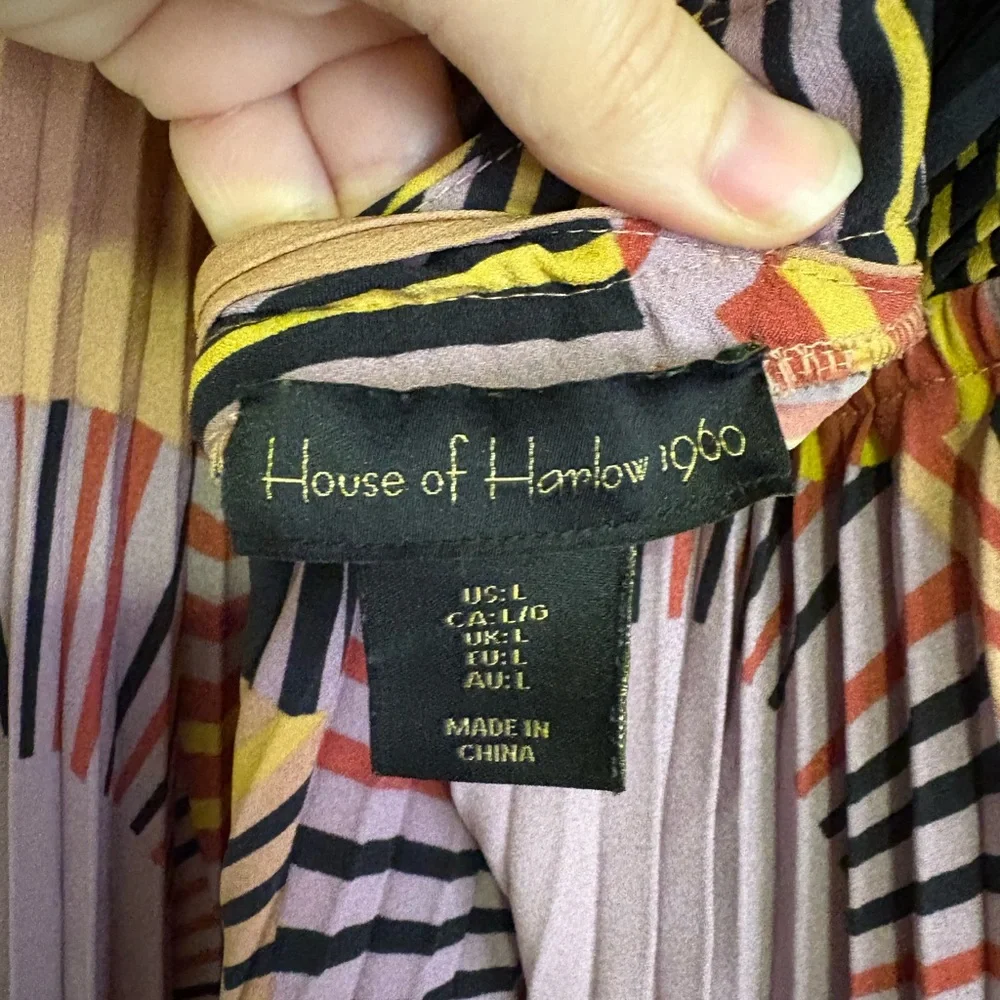 HOUSE OF HARLOW PLEATED TIE-NECK CUT-OUT-BODICE BACKLESS HALTER MAXI DRESS sz L - Picture 7 of 9